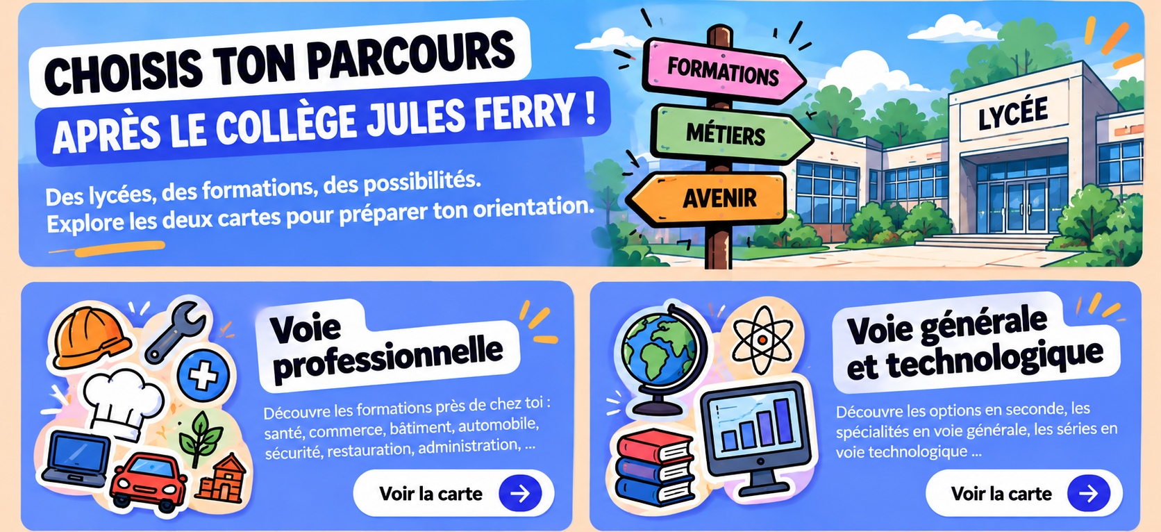 Choisis ton parcours après le collège Jules Ferry. Deux choix : voie professionnelle ou voie générale et technologique. Collège Jules Ferry - Villeneuve-Saint-Georges.