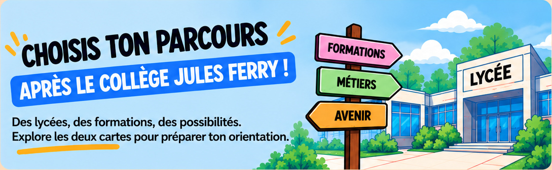 Choisis ton parcours après le collège Jules Ferry ! Des lycées, des formations, des possibilités. Explore les deux cartes pour préparer ton orientation.