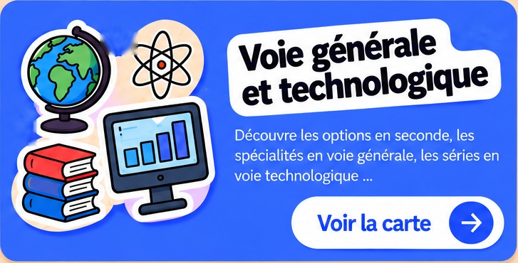 Voie générale et technologique : découvrir les options en seconde, les spécialités et les séries technologiques. Voir la carte.